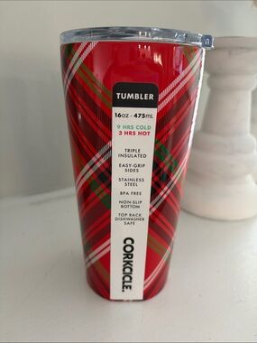 Corkcicle NWT 16oz red plaid tumbler
